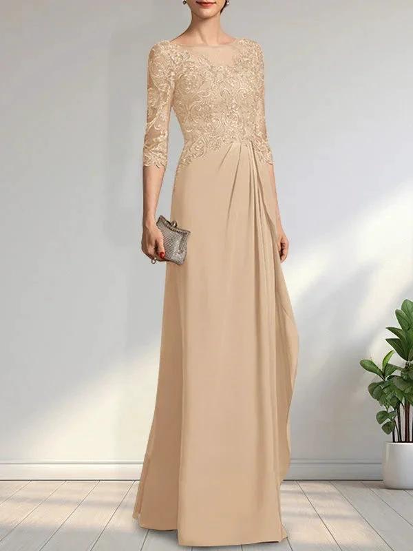 A-line Scoop Illusion Floor-Length Chiffon Lace Mother of the Bride Dress With Beading Sequins Cascading Ruffles by Dreamylily