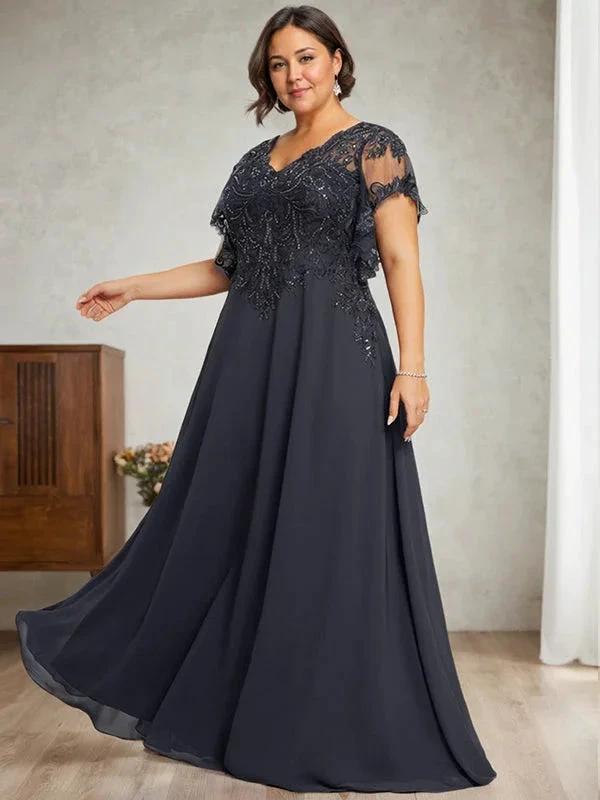 A-line V-Neck Floor-Length Lace Chiffon Mother of the Bride Dress With Sequins by Dreamylily