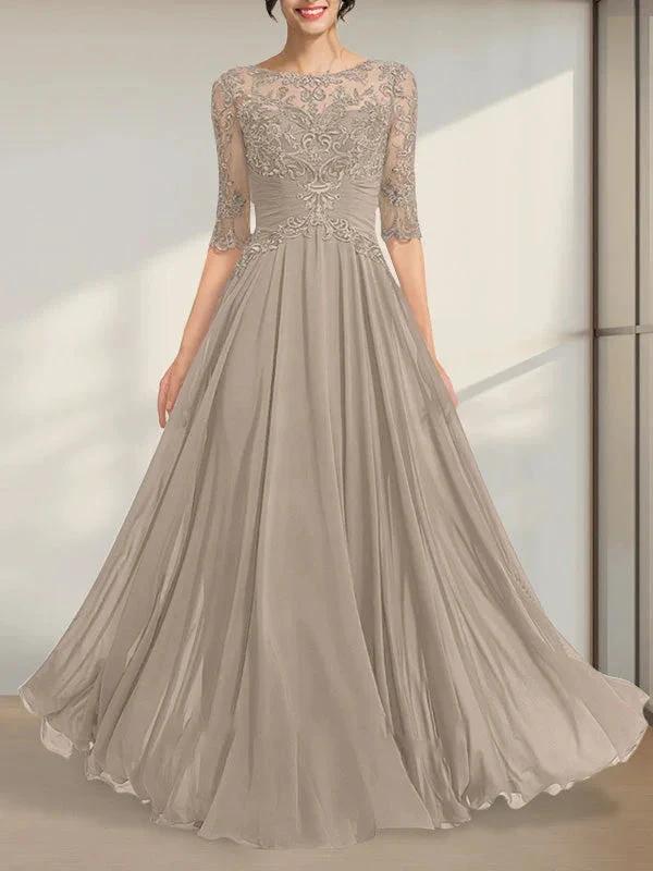 A-line Scoop Illusion Floor-Length Chiffon Lace Mother of the Bride Dress With Pleated Sequins by Dreamylily