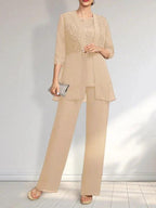 Jumpsuit/Pantsuit Separates Scoop Floor-Length Chiffon Lace Mother of the Bride Dress With Sequins by Dreamylily