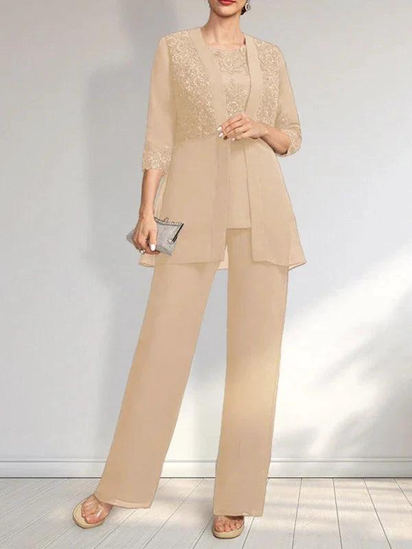 Jumpsuit/Pantsuit Separates Scoop Floor-Length Chiffon Lace Mother of the Bride Dress With Sequins by Dreamylily