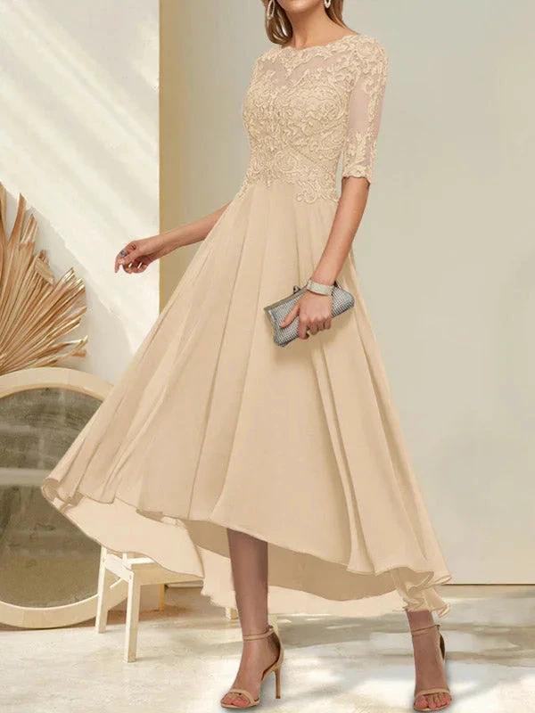 A-line Boat Neck Illusion Asymmetrical Chiffon Lace Mother of the Bride Dress With Sequins Beading by Dreamylily