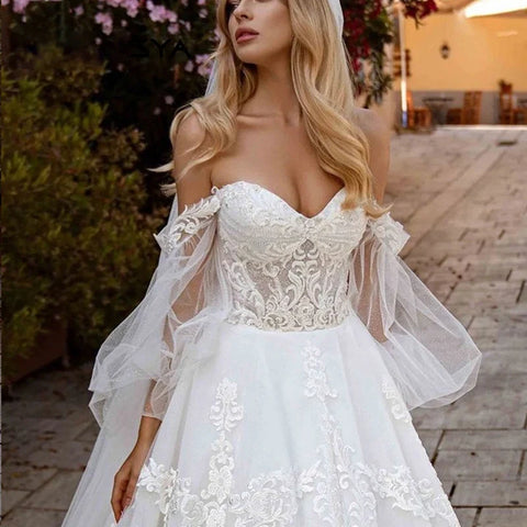 Vestido de novia de princesa de tul ilusión, mangas abullonadas, hombros descubiertos, escote corazón, apliques de encaje, vestidos de novia 