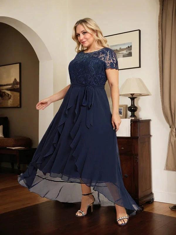 A-line Scoop Illusion Asymmetrical Chiffon Lace Mother of the Bride Dress With Bow Ruffle Sequins by Dreamylily