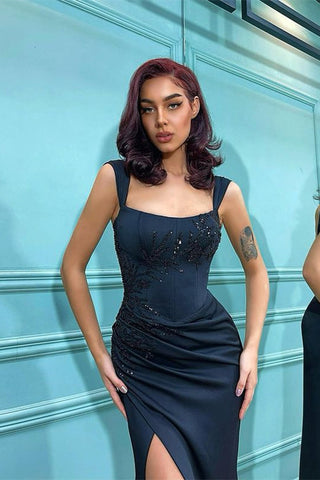 Off The Shoulder Split Front Sleek Black Mermaid Prom Dress with Sequins