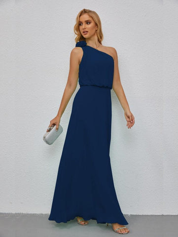 Ruffled One Shoulder Sleeveless Long Bridesmaid Dresses A-line Formal Evening Gown Side Split 28080