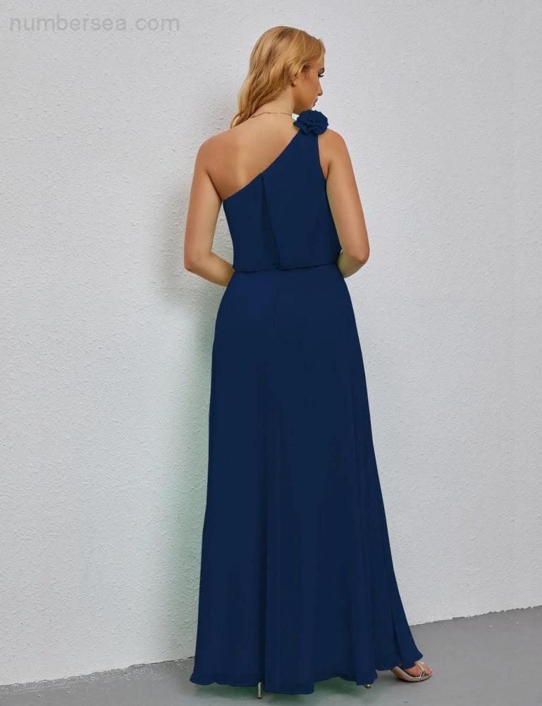 Ruffled One Shoulder Sleeveless Long Bridesmaid Dresses A-line Formal Evening Gown Side Split 28080 by numbersea