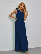 Ruffled One Shoulder Sleeveless Long Bridesmaid Dresses A-line Formal Evening Gown Side Split 28080 by numbersea