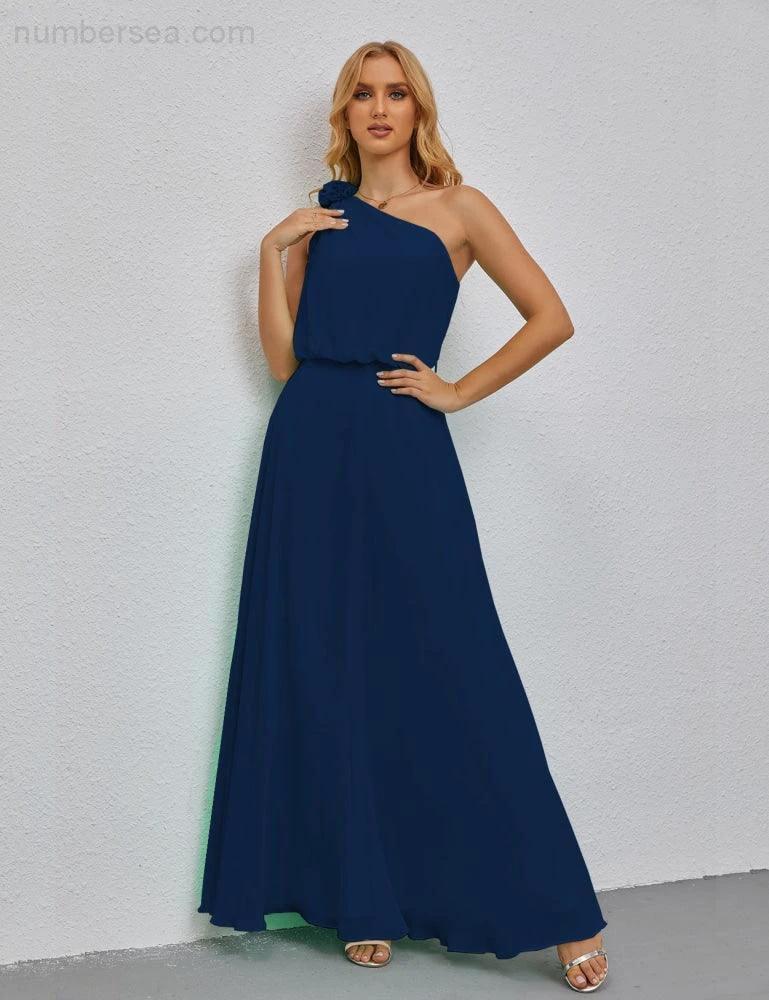 Ruffled One Shoulder Sleeveless Long Bridesmaid Dresses A-line Formal Evening Gown Side Split 28080 by numbersea