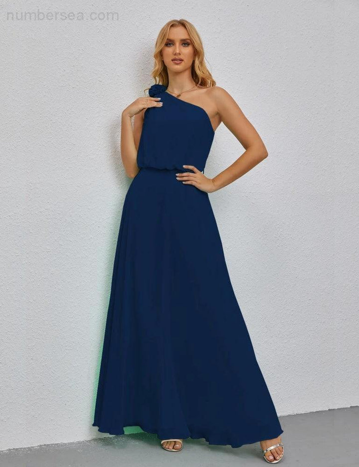 Ruffled One Shoulder Sleeveless Long Bridesmaid Dresses A-line Formal Evening Gown Side Split 28080 by numbersea