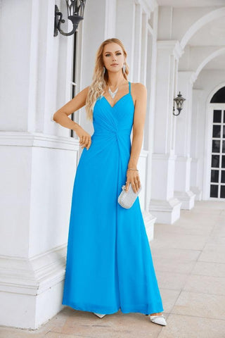 Ladies Chiffon Spaghetti Strap V Neck Front Slit Floor Length Bridesmaid Evening Dress Prom Party Wedding Evening Dress 28116
