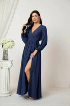 Sunnderly Evening Dresses Deep V-Neck Chiffon Bridesmaid Dresses Long Bishop Sleeve Side Split Formal Dress SY2806 by numbersea