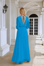 Ladies V Neck Chiffon Long Sleeve Front Slit Bridesmaid Evening Dress Wedding Party Shopping Evening Dress 28109 by numbersea