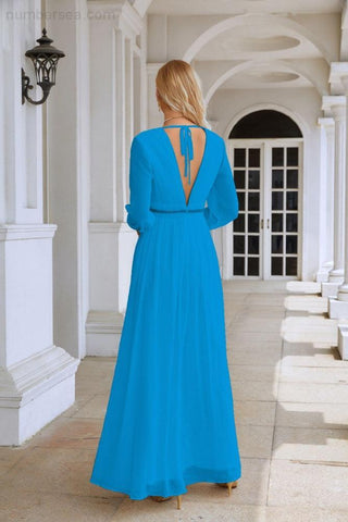 Ladies V Neck Chiffon Long Sleeve Front Slit Bridesmaid Evening Dress Wedding Party Shopping Evening Dress 28109