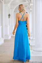 Ladies Chiffon Spaghetti Strap V Neck Front Slit Floor Length Bridesmaid Evening Dress Prom Party Wedding Evening Dress 28116 by numbersea