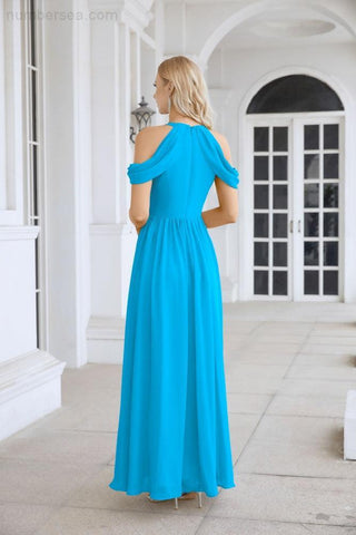 Ladies Chiffon Off Shoulder Swing Sleeve Front Slit Bridesmaid Evening Dress Wedding Party Evening Dress 28117