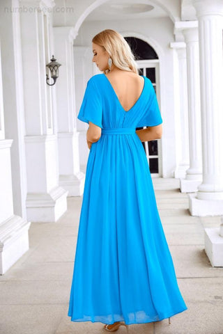 Ladies Chiffon Sleeve Crew Neck Front Slit Floor Length Bridesmaid Evening Dress Wedding Party Evening Dress 28124
