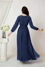 Sunnderly Evening Dresses Deep V-Neck Chiffon Bridesmaid Dresses Long Bishop Sleeve Side Split Formal Dress SY2806 by numbersea