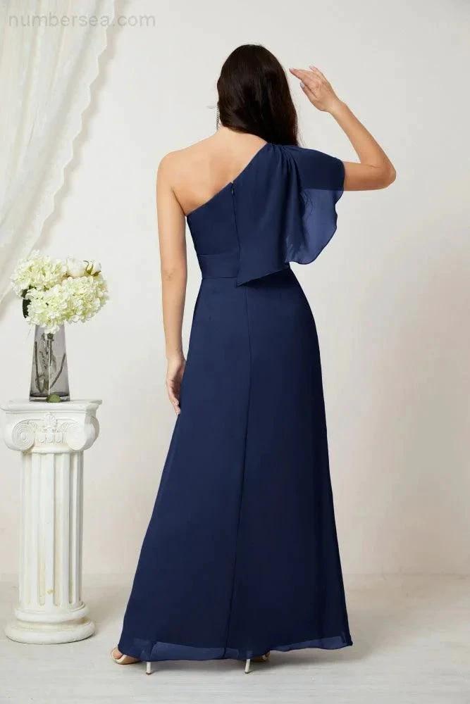 Numbersea Chiffon Ruffled One Shoulder Long Bridesmaid Dresses A-line Formal Evening Gown Side Split 2809 by numbersea