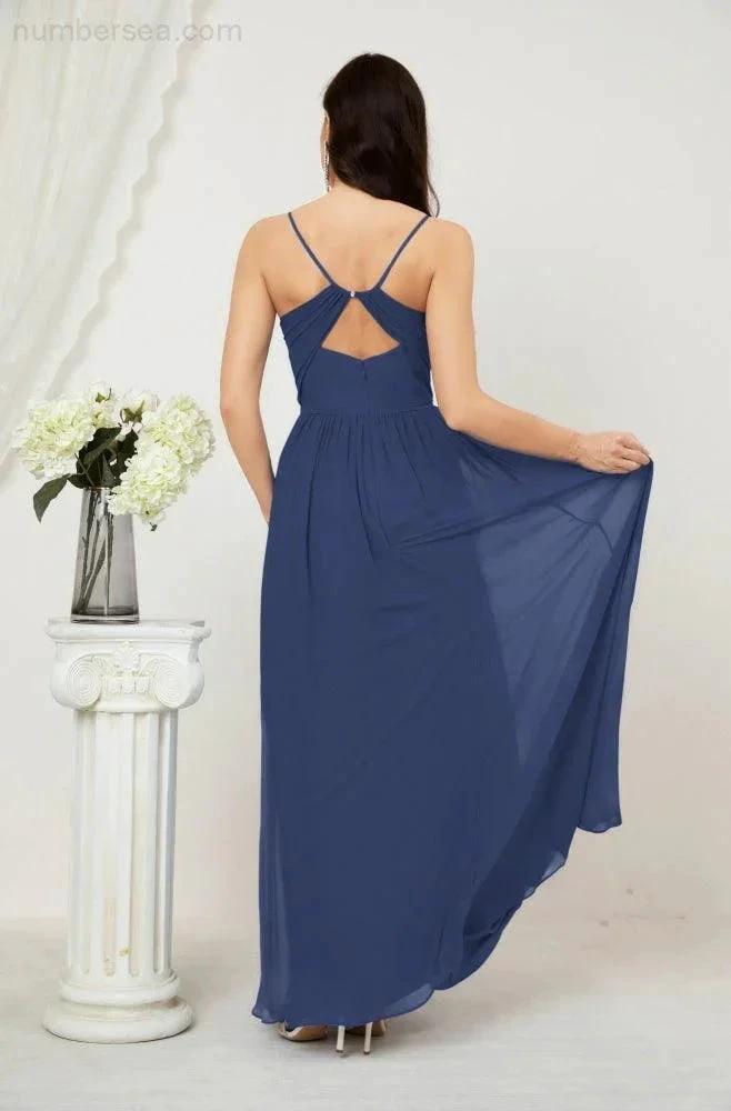 Numbersea Neck Bridesmaid Dresses Chiffon Long Spaghetti A-line Formal Prom Gown for Wedding Party Evening 2801 by numbersea