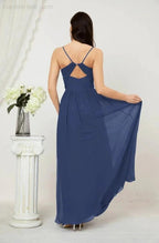 Numbersea Neck Bridesmaid Dresses Chiffon Long Spaghetti A-line Formal Prom Gown for Wedding Party Evening 2801 by numbersea