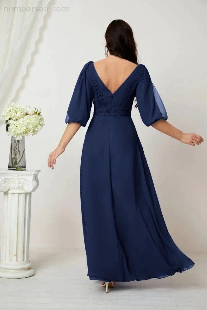 Numbersea Formal Prom Gown Women V-Neck Chiffon Bridesmaid Dresses Long Bishop Sleeve Party Dress 2807 by numbersea