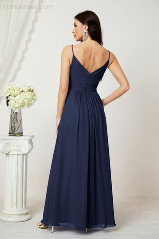 Numbersea Chiffon V-Neck Bridesmaid Dress Spaghetti Strap Long Formal Party Prom Gowns with Slit 28010