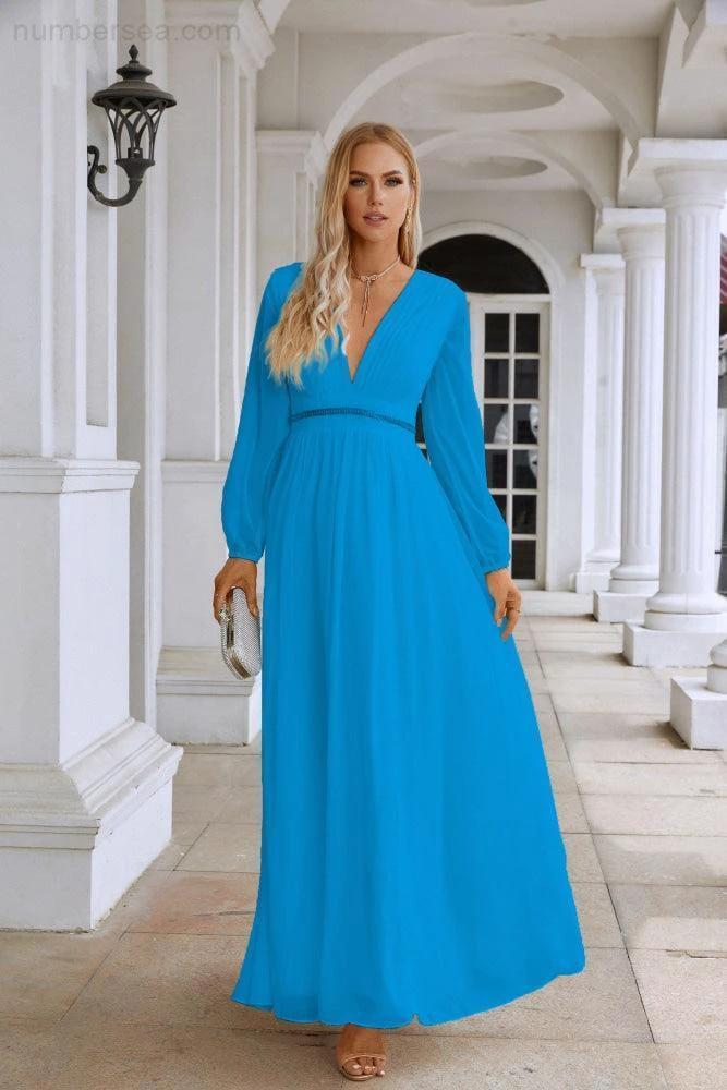 Ladies V Neck Chiffon Long Sleeve Front Slit Bridesmaid Evening Dress Wedding Party Shopping Evening Dress 28109 by numbersea