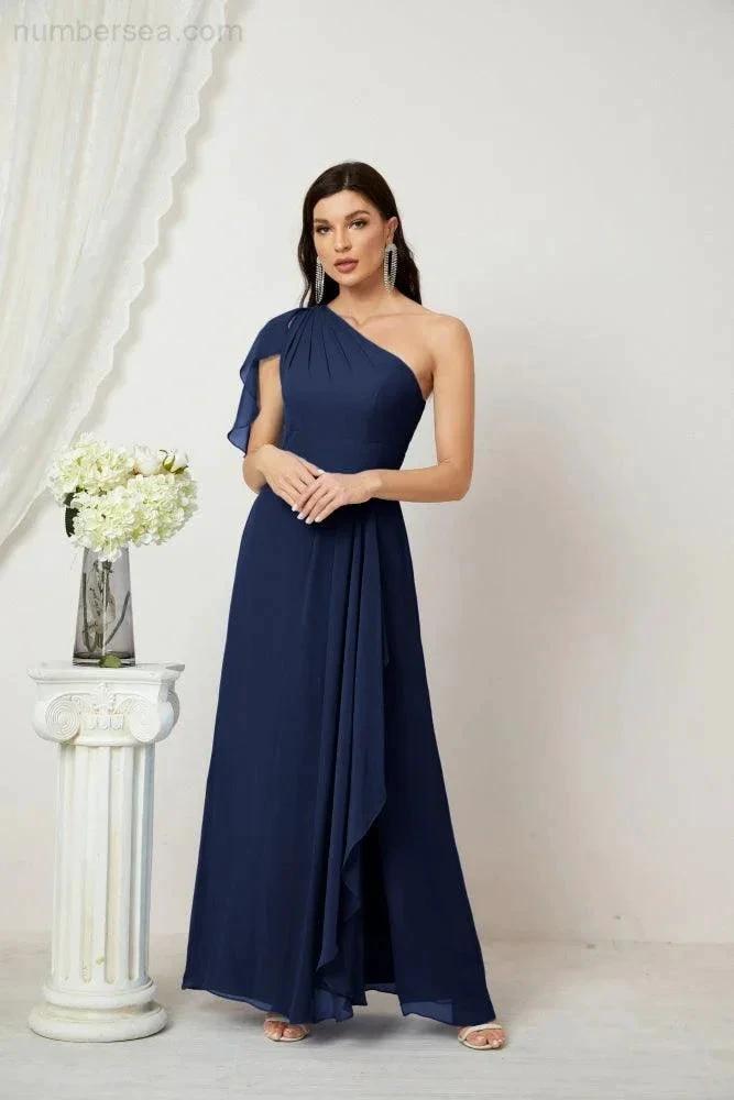 Numbersea Chiffon Ruffled One Shoulder Long Bridesmaid Dresses A-line Formal Evening Gown Side Split 2809 by numbersea