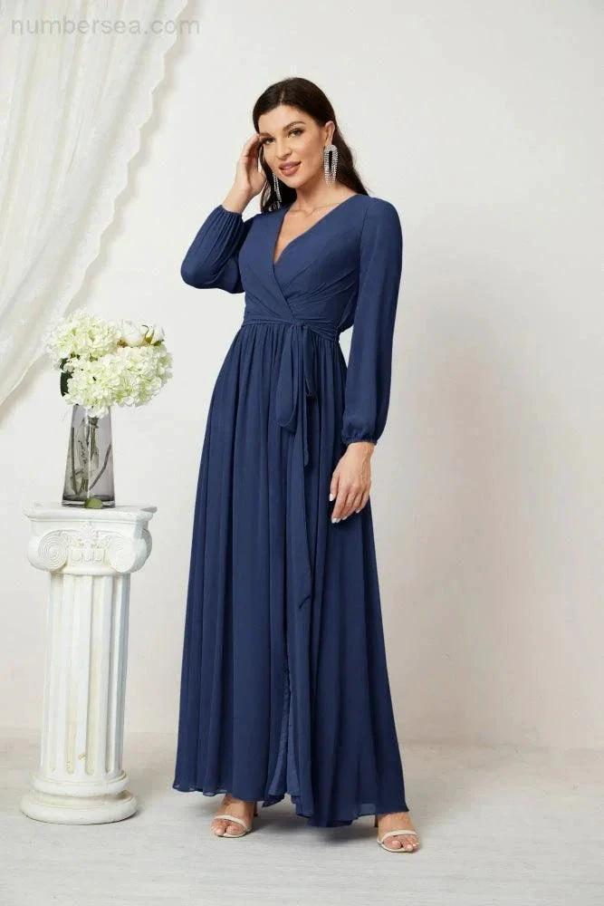 Sunnderly Evening Dresses Deep V-Neck Chiffon Bridesmaid Dresses Long Bishop Sleeve Side Split Formal Dress SY2806 by numbersea