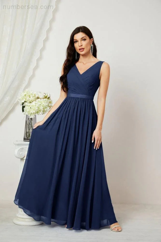 Vestidos longos de chiffon para damas de honor, corte em A, sem mangas, vestido formal de baile para festa à noite, vestidos para baile de boas-vindas 2808