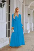 Ladies V Neck Chiffon Long Sleeve Front Slit Bridesmaid Evening Dress Wedding Party Shopping Evening Dress 28109 by numbersea