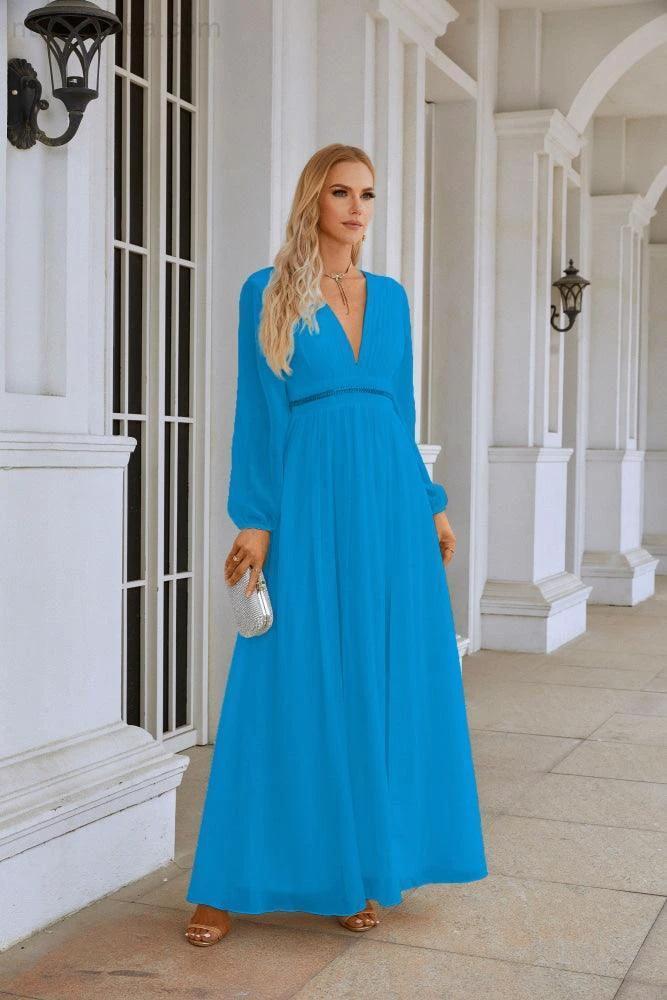 Ladies V Neck Chiffon Long Sleeve Front Slit Bridesmaid Evening Dress Wedding Party Shopping Evening Dress 28109 by numbersea