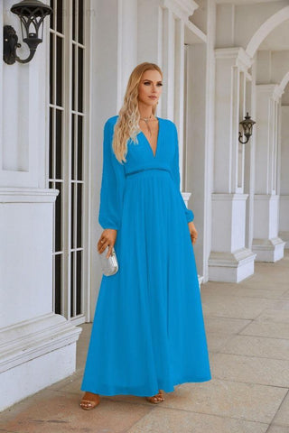Ladies V Neck Chiffon Long Sleeve Front Slit Bridesmaid Evening Dress Wedding Party Shopping Evening Dress 28109
