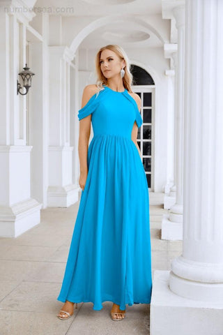 Ladies Chiffon Off Shoulder Swing Sleeve Front Slit Bridesmaid Evening Dress Wedding Party Evening Dress 28117