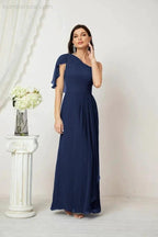 Numbersea Chiffon Ruffled One Shoulder Long Bridesmaid Dresses A-line Formal Evening Gown Side Split 2809 by numbersea