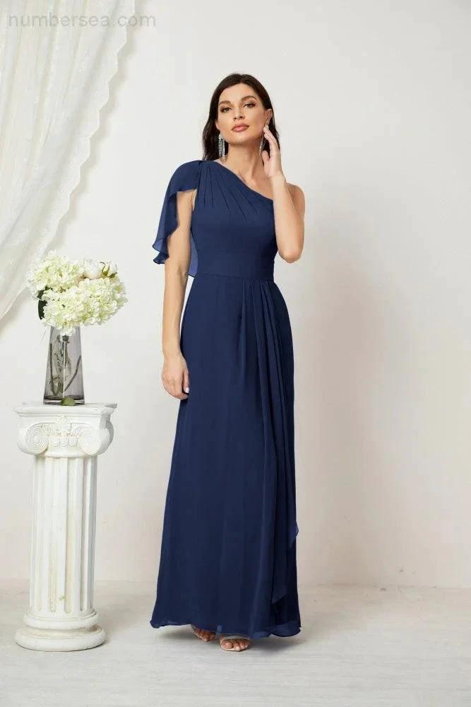 Numbersea Chiffon Ruffled One Shoulder Long Bridesmaid Dresses A-line Formal Evening Gown Side Split 2809 by numbersea