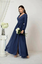 Sunnderly Evening Dresses Deep V-Neck Chiffon Bridesmaid Dresses Long Bishop Sleeve Side Split Formal Dress SY2806 by numbersea