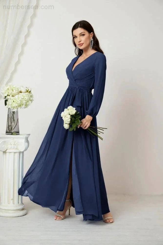 Sunnderly Evening Dresses Deep V-Neck Chiffon Bridesmaid Dresses Long Bishop Sleeve Side Split Formal Dress SY2806 by numbersea