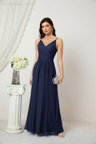 Numbersea Chiffon V-Neck Bridesmaid Dress Spaghetti Strap Long Formal Party Prom Gowns with Slit 28010