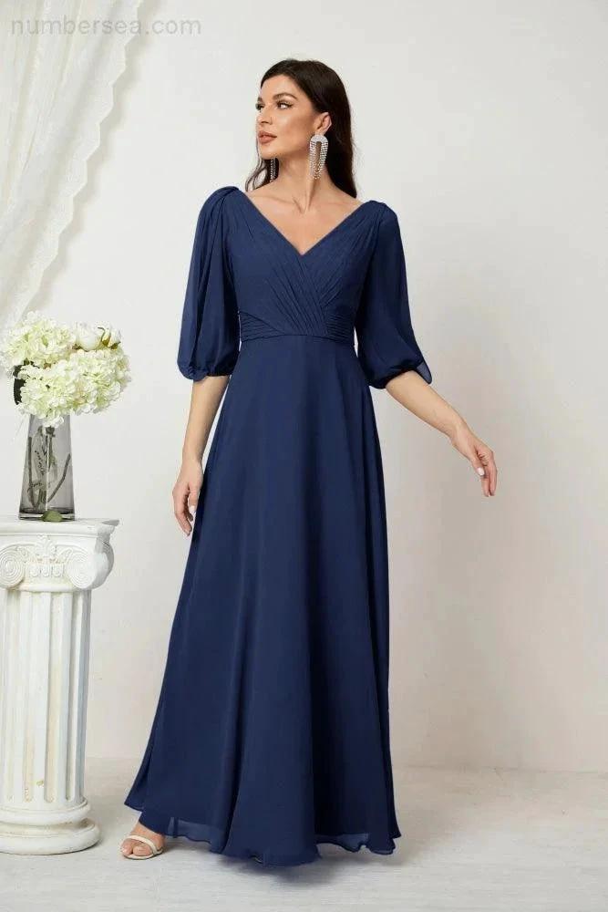 Numbersea Formal Prom Gown Women V-Neck Chiffon Bridesmaid Dresses Long Bishop Sleeve Party Dress 2807 by numbersea