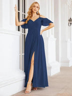 Numbersea Cold Shoulder Long Bridesmaid Dresses Side Slit Formal Prom Gowns Party Wedding 28070 by numbersea