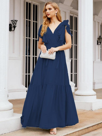 Numbersea Women's Open Back Formal Evening Party Prom Gowns V-Neck Long Chiffon Bridesmaid Dresses with Waist Belt 28038