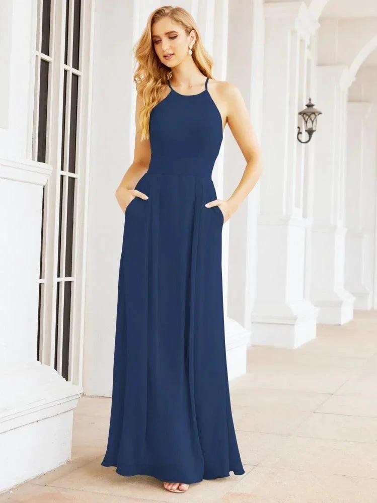 Numbersea Halter Bridesmaid Dresses with Pockets Sleeveless Formal Evening Party Prom Gowns 28055 by numbersea