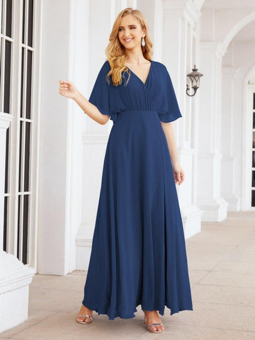 Numbersea V-Neck Bridesmaid Dress Chiffon Long Open Back Formal Dresses for Women Party Evening 28067