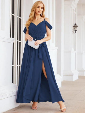 Numbersea Off The Shoulder Chiffon Bridesmaid Dress Long Formal Graduation Gown with Cowl Back 28069