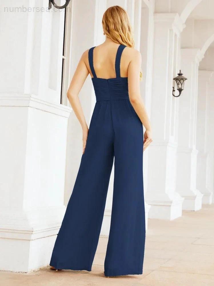Numbersea Crisscross Neck Jumpsuit Formal Evening Dress Long Bridesmaid Dresses Bell-bottomed Pants 28033 by numbersea