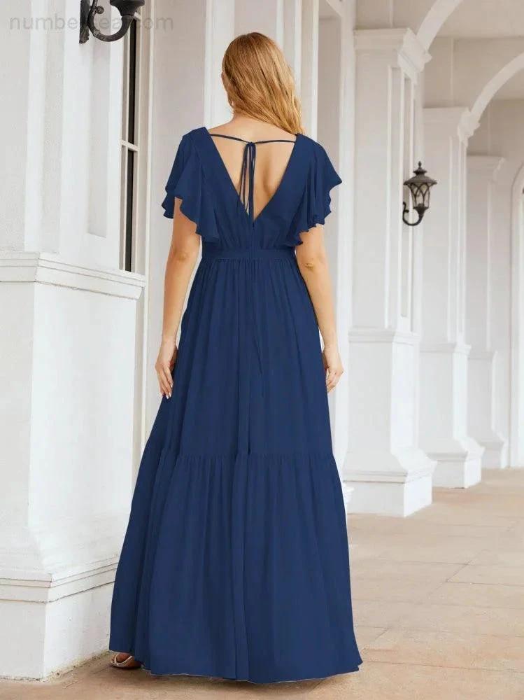 Numbersea Women's Open Back Formal Evening Party Prom Gowns V-Neck Long Chiffon Bridesmaid Dresses with Waist Belt 28038 by numbersea