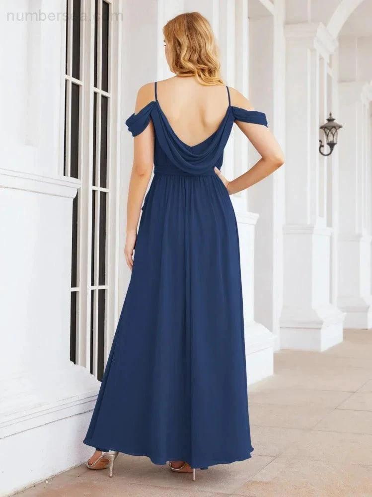 Numbersea Off The Shoulder Chiffon Bridesmaid Dress Long Formal Graduation Gown with Cowl Back 28069 by numbersea