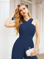Numbersea Crisscross Neck Jumpsuit Formal Evening Dress Long Bridesmaid Dresses Bell-bottomed Pants 28033 by numbersea